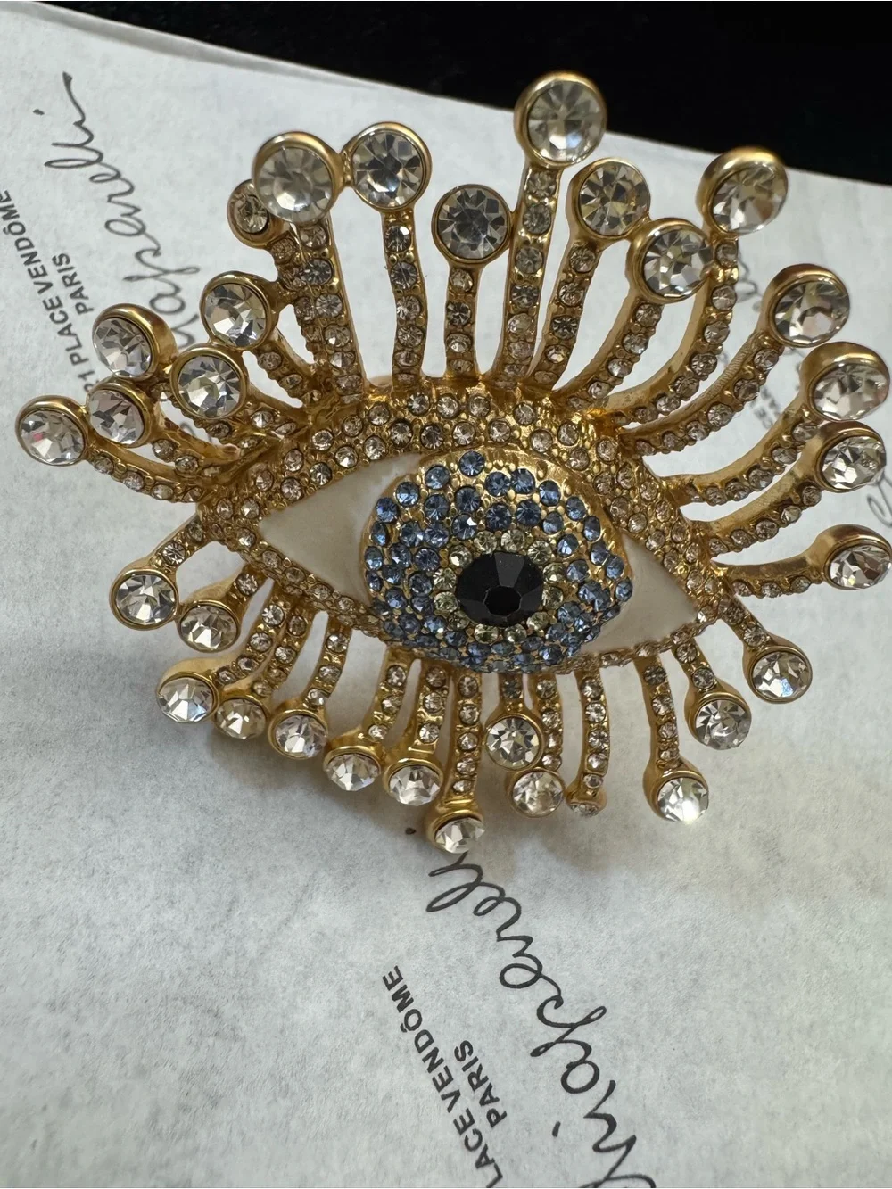 Schiaparelli inspired Gold Crystal Evil Eye ring with Black and Blue Accents